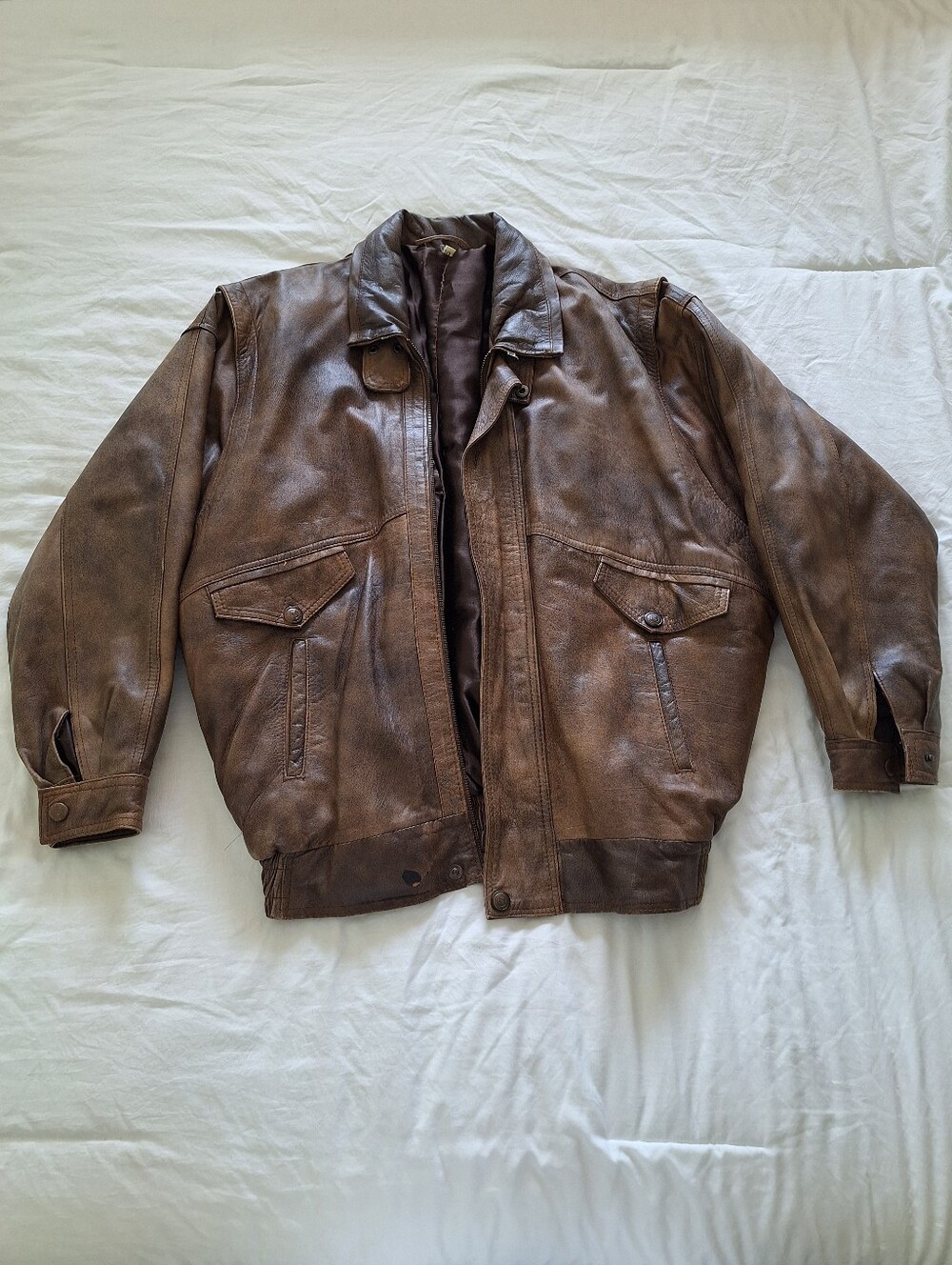 Vintage 80s Distressed Leather Bomber Flight Jacket Brown XXL